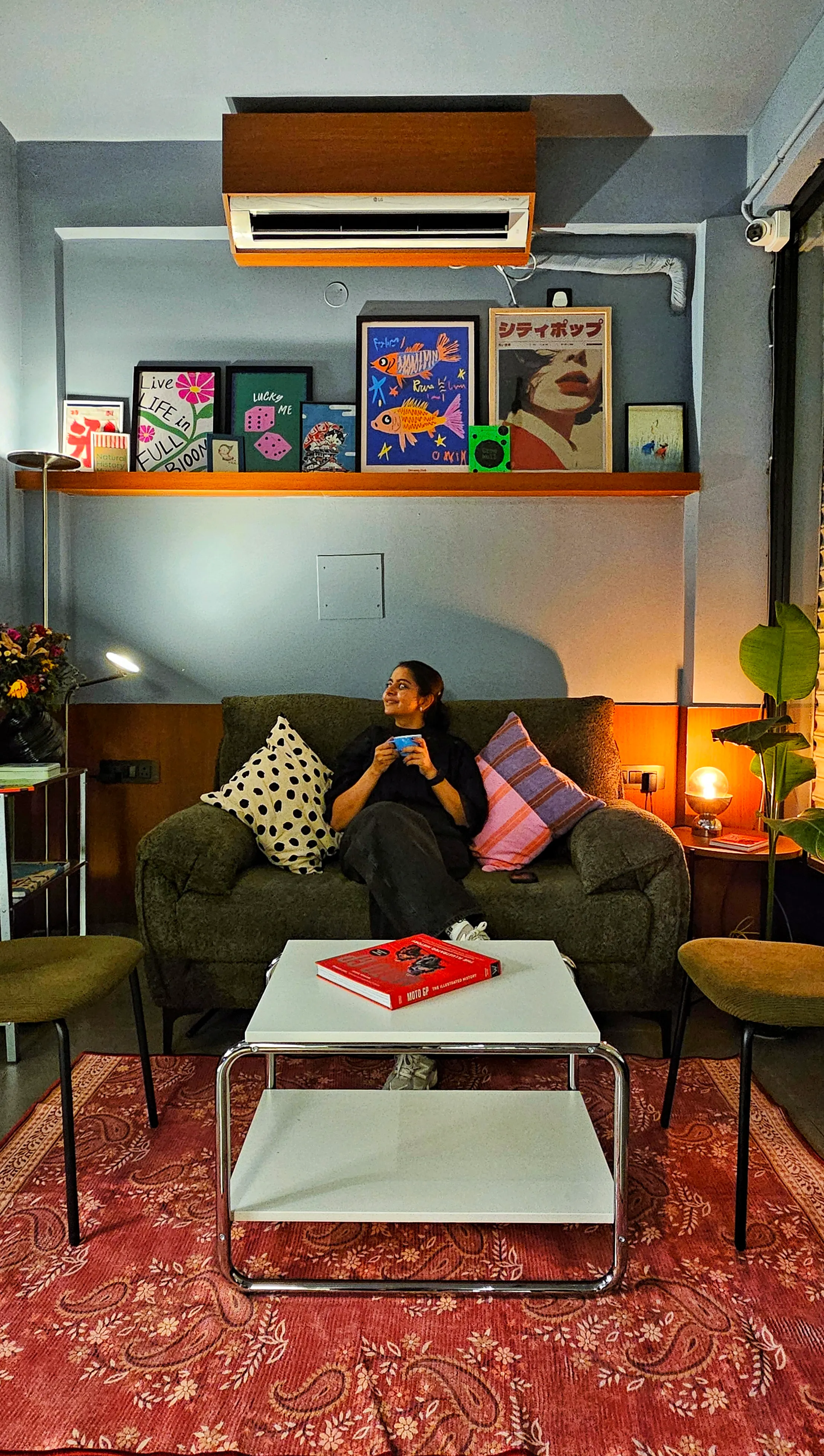 The couch corner inside Juno Coffee Club in HSR Layout